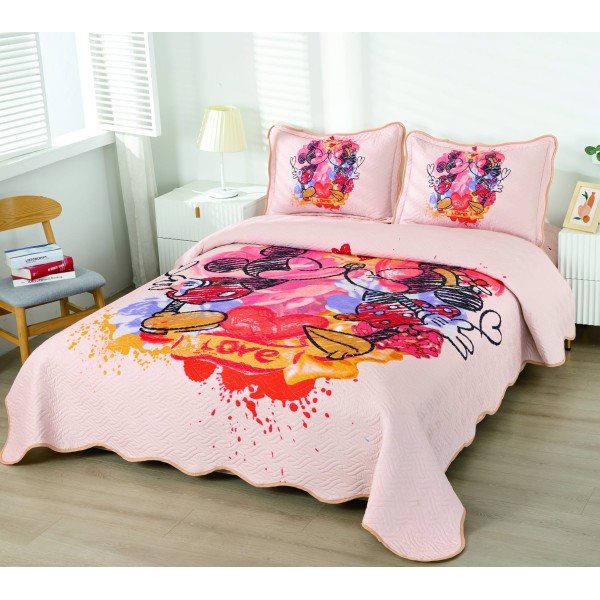 Cuvertura pat dublu, 3 piese, bumbac-finet, Roz-Multicolor, Mickey&Minnie, CCP-001