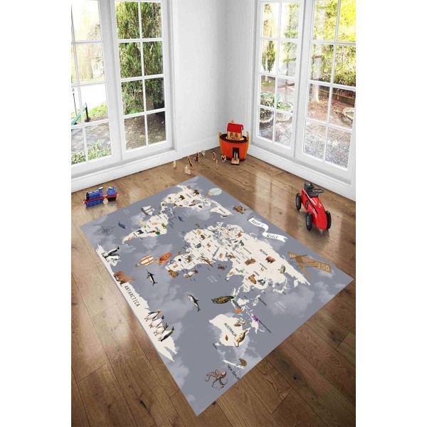 Covor Camera Copii, Antiderapant, Model cu Harta Lumii, Gri-Alb, CAM-053 Covor Camera Copii, Antiderapant, Model cu Harta Lumii, Gri-Alb, CAM-053