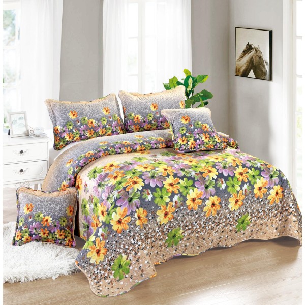 Cuvertura pat dublu din Bumbac Finet, 5 pierse, Crem-Multicolor, flori, ESC-200