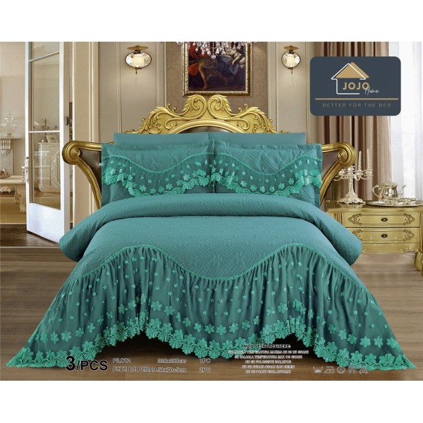 Cuvertura Lux Matlasata cu Volan Uni, Pat 2 Persoane, 3 Piese, Finet, Turquoise, CML-016