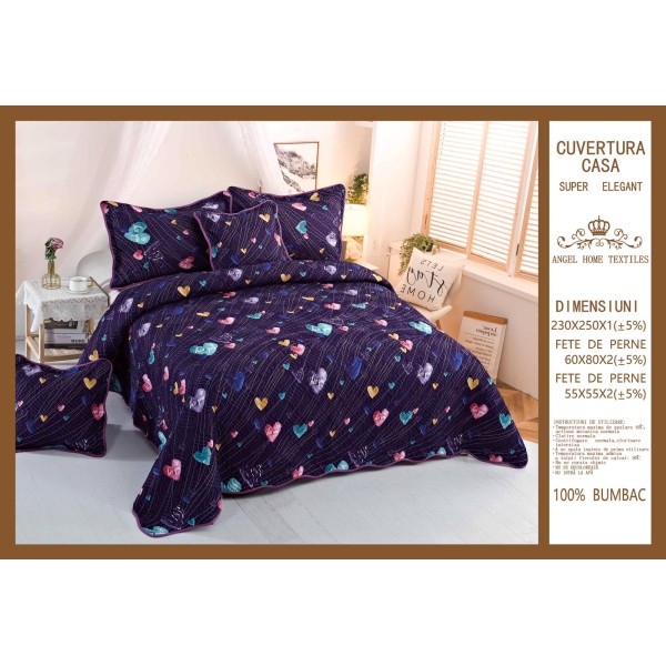 Cuvertura pat dublu din Bumbac Finet, 5 pierse, Mov-Multicolor, inimi, ESC-109