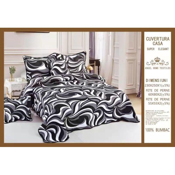 Cuvertura pat dublu din Bumbac Finet, 5 pierse, Alb-Negru, linii serpuite, ESC-108