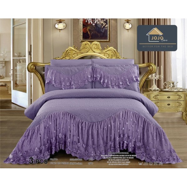 Cuvertura Lux Matlasata cu Volan Uni, Pat 2 Persoane, 3 Piese, Finet, Mov, CML-020