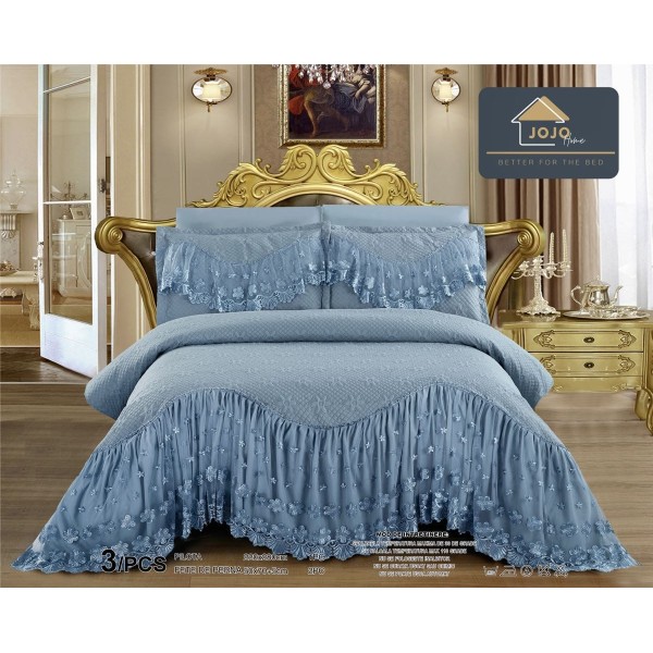 Cuvertura Lux Matlasata cu Volan Uni, Pat 2 Persoane, 3 Piese, Finet, Blue, CML-019