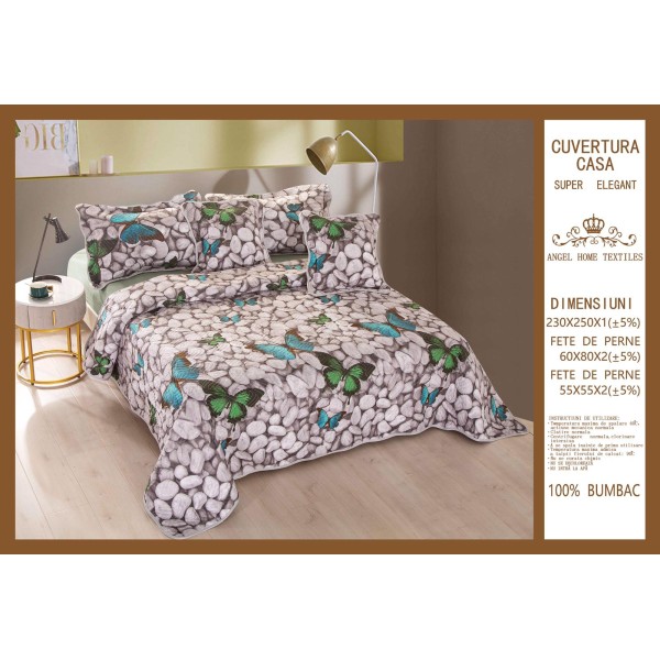 Cuvertura pat dublu din Bumbac Finet, 5 pierse, Gri-Verde, fluturi, ESC-121