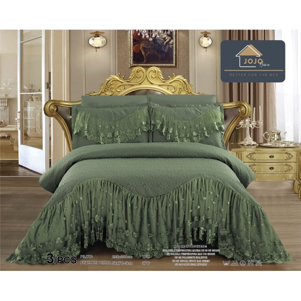 Cuvertura Lux Matlasata cu Volan Uni, Pat 2 Persoane, 3 Piese, Finet, Verde, CML-018