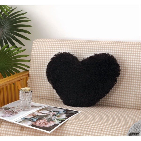 Perna Decorativa Pufoasa, Microfibra Plusata, Model Inima, Negru, PDA-011
