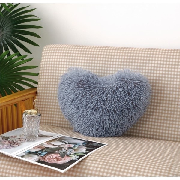 Perna Decorativa Pufoasa, Microfibra Plusata, Model Inima, Gri, PDA-010
