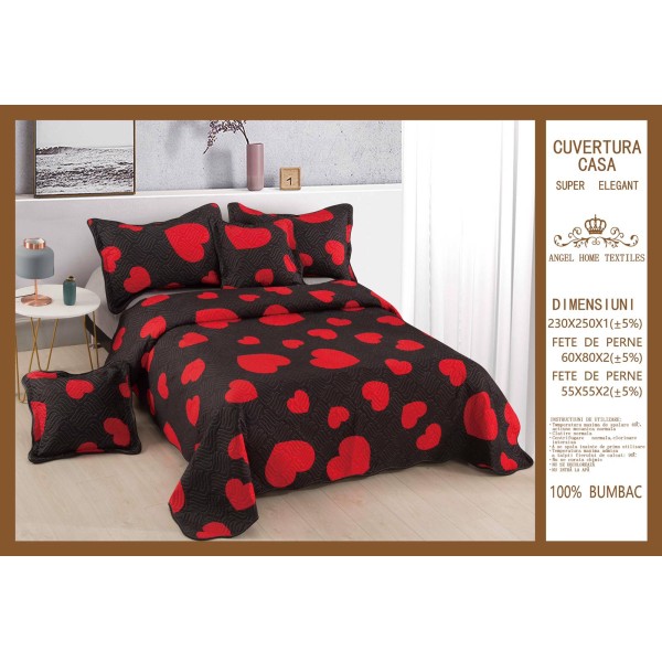 Cuvertura pat dublu din Bumbac Finet, 5 pierse, Negru-Rosu, inimi, ESC-112