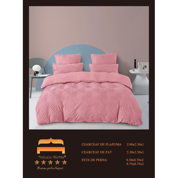 Lenjerie pat dublu, Finet Deluxe cu Smocuri Brodate, 6 piese, Roz, LSB-030