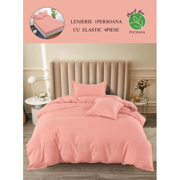 Lenjerie de Pat din Finet, 4 Piese, Pat 1 Persoana, cu ELASTIC, Roz, LFS-062