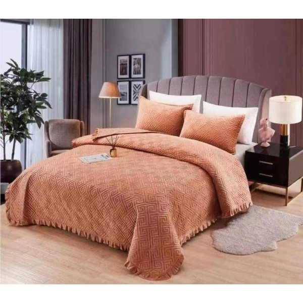 Set Cuvertura de Pat din Catifea, 3 Piese, Pat 2 Persoane, Maro-deschis, CCV-110