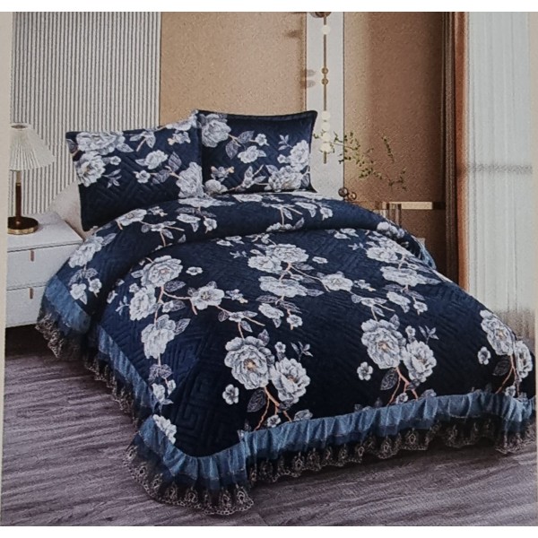 Cuvertura de Catifea cu Volanase, 3 Piese, pentru Pat Dublu, 2 Fete de Perna, Verde-Alb, flori, CVM-004