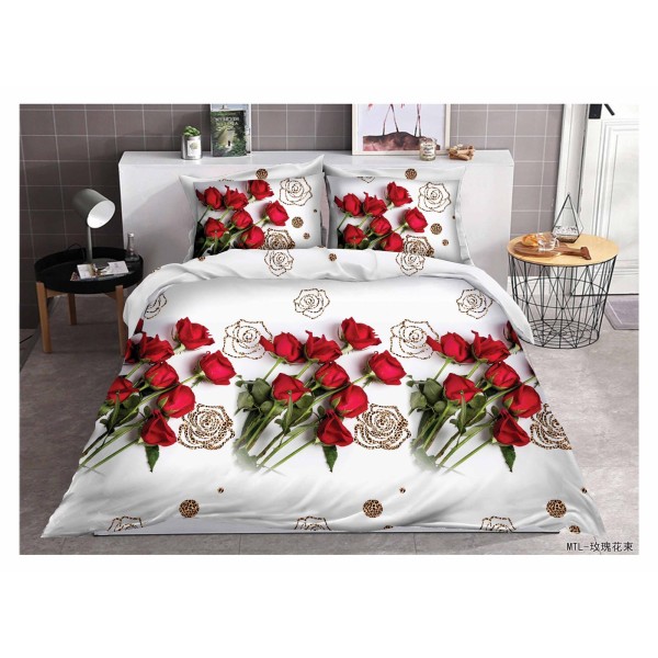 Set Lenjerie de Pat din Bumbac Satinat, 4 Piese, Pat 2 Persoane, Imprimeu 3D Identic cu Poza, Alb-Rosu, flori, LSD-023