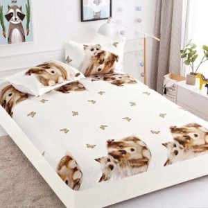 Husa pat cu elastic, Bumbac FINET, 180x200cm, 2 fete de perne 50x70cm, Alb-Crem, catel,pisica, HDF-120