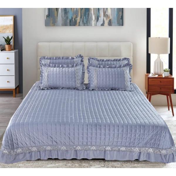 Cuvertura de Pat din Catifea + 2 Fete de Perna - Pat 2 Persoane, Bleu, CCB-028