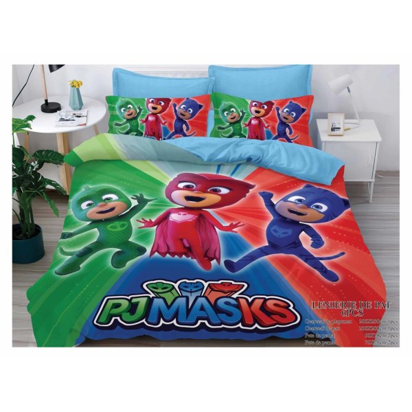 Lenjerie pat dublu, 6 piese, bumbac-finet, Multicolor, Pjmasks, LFD6PC-017
