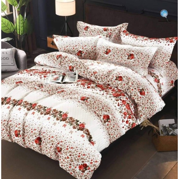 Lenjerie pat dublu, Super Pufoasa COCOLINO, 4 piese, Alb-Crem, flori, LDC-046