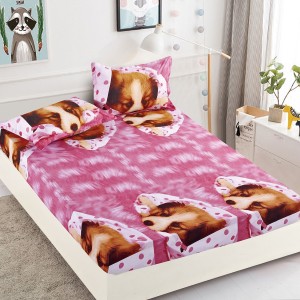Husa pat cu elastic, Bumbac FINET, 180x200cm, 2 fete de perne 50x70cm, Roz-Multicolor, catel, HDF-141