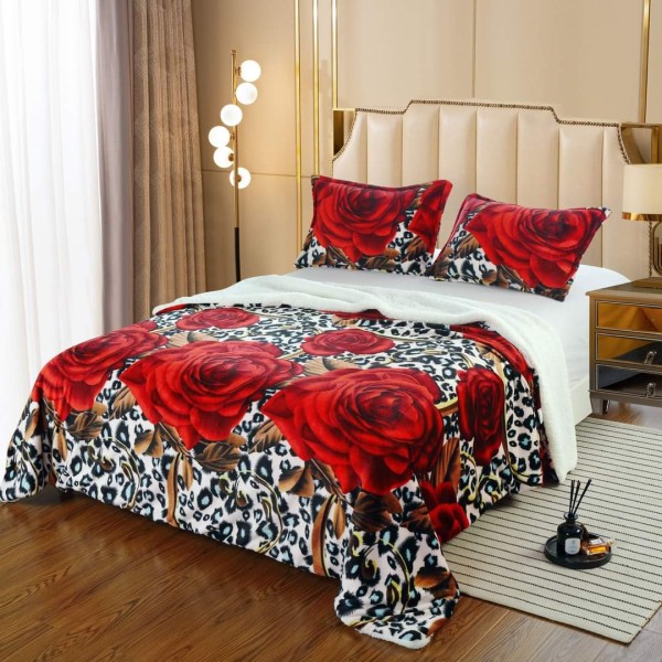 Patura CoCoLiNo cu blanita, 200x230 cm +2 fete de perna, Rosu-Multicolor, animal print, PBC-021