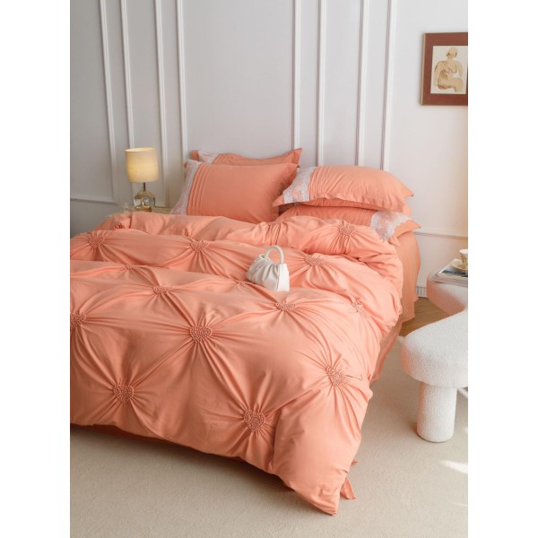 Lenjerie pat dublu finet 6 piese cu pliuri, inimioare și broderie-somon, LIB-033