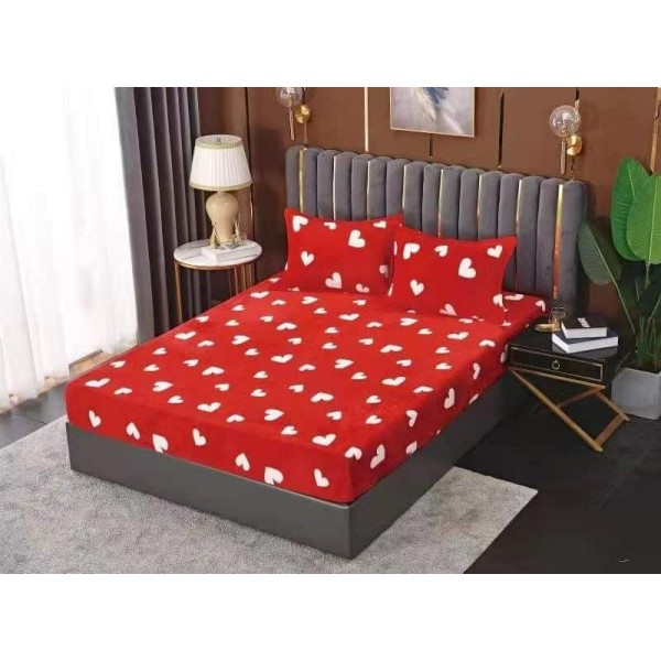 Cearsaf cu elastic COCOLINO, 180x200x25cm, plus 2 fete de perne, Rosu-Alb, inimi, HC-023