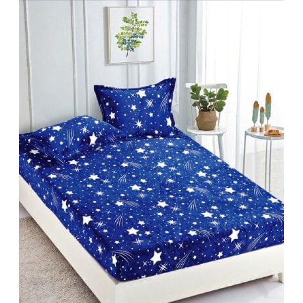 Cearșaf Cocolino cu Elastic 180x200 cm + 2 Fețe de Pernă – Model Stele, Albastru Noapte, HC-003