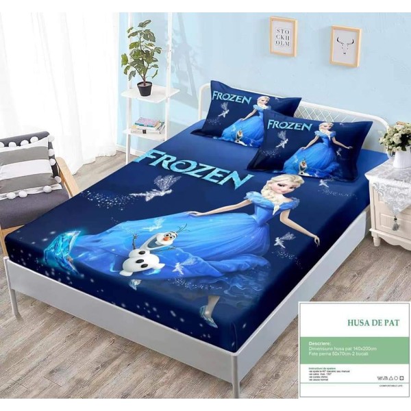 Set Husa de pat cu elastic, Bumbac Finet, 140x200cm, plus 2 fete de perne, Albastru-Multicolor, Frozen, HPC-011