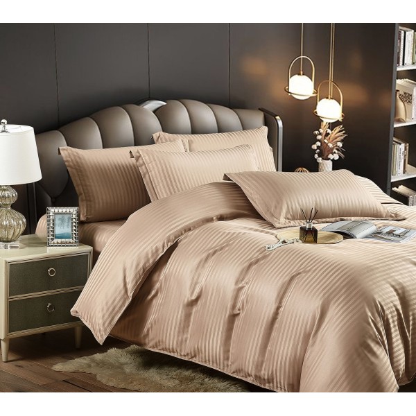 Lenjerie, pat dublu, cu ELASTIC, Damasc Finetat, 6 piese, Bej-inchis, LDS-052