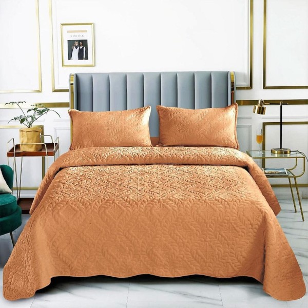 Set Cuvertura de Pat din Catifea, 3 Piese, Pat 2 Persoane, Maro-Deschis, CCV-117