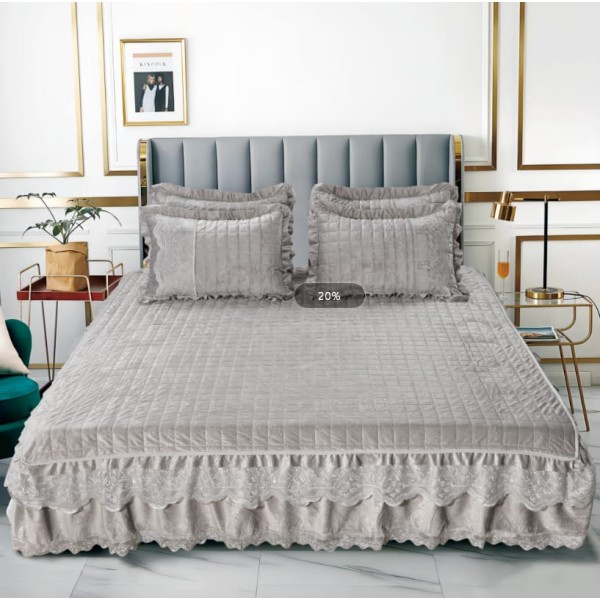 Cuvertura de Pat din Catifea + 2 Fete de Perna - Pat 2 Persoane, Gri, CCB-012