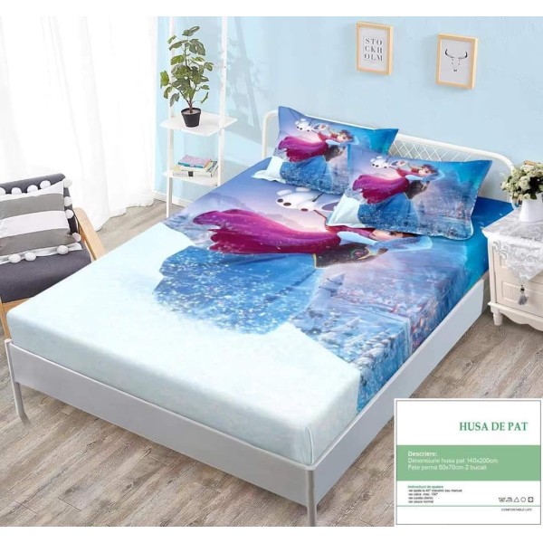 Set Husa de pat cu elastic, Bumbac Finet, 140x200cm, plus 2 fete de perne, Multicolor, Frozen, HPC-007