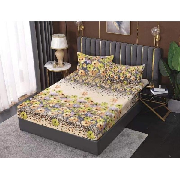 Cearsaf cu elastic COCOLINO, 180x200x25cm, plus 2 fete de perne, Bej-Maro, flori, HC-011