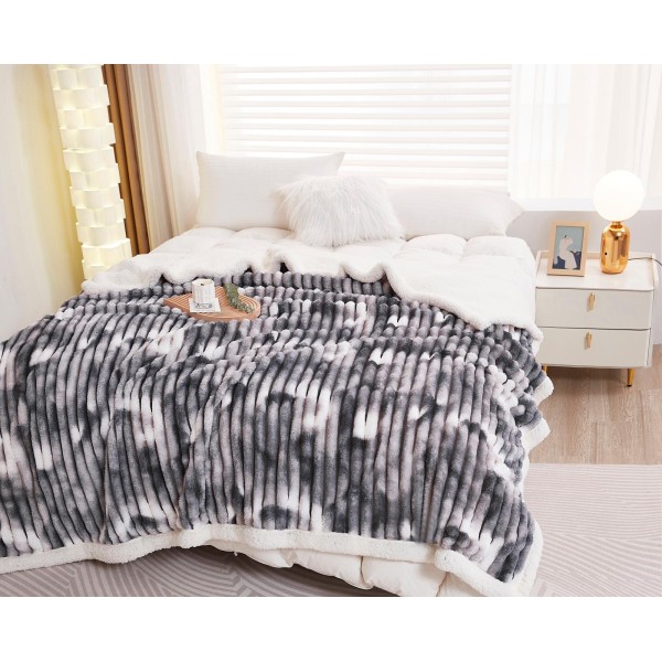 Patura CoCoLiNo Pufoasa din Blanita artificiala de iepure, 200x230cm, Gri degrade, PCI-011