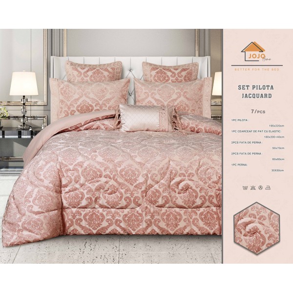 Lenjerie de pat cu elastic si pilota inclusa, bumbac tip jacquard, pat dublu, 7 piese, Roz, PJD-05
