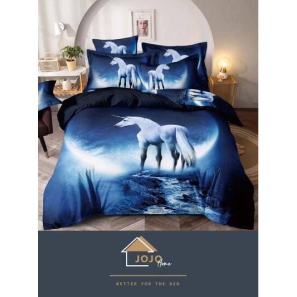 Set Lenjerie de Pat din Finet, 6 Piese, Pat 2 Persoane, Imprimeu 3D Identic cu Poza, Alb-Bleu, unicorn, LFL-020