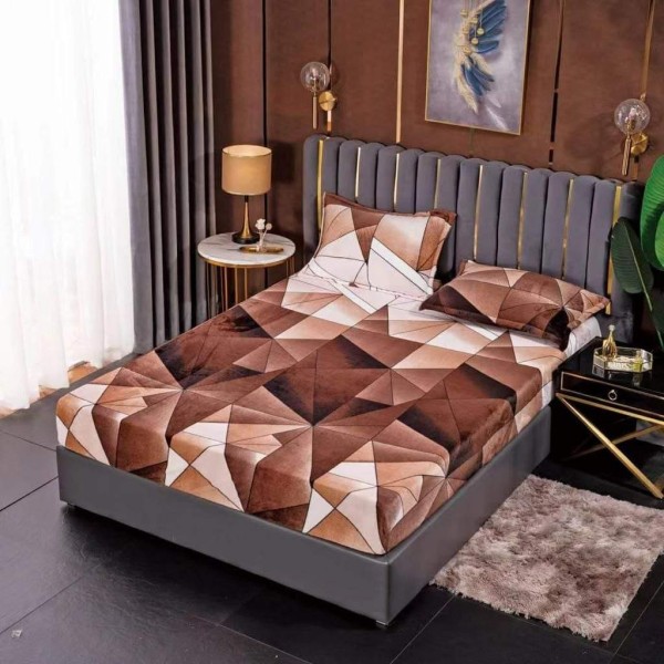 Cearsaf cu elastic COCOLINO, 180x200x25cm, plus 2 fete de perne, Bej-Maro, forme geometrice, HC-012