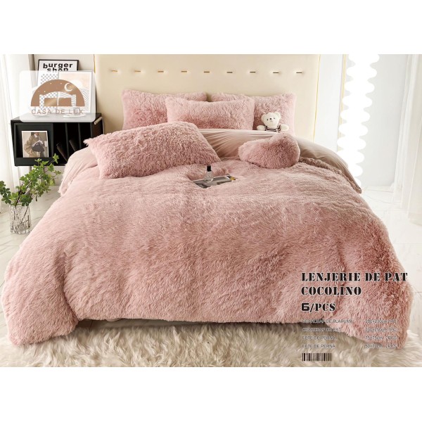 Lenjerie Fluffy Somon 6 Piese Pat Dublu – Moale, Călduroasă și Elegantă, LCF-022
