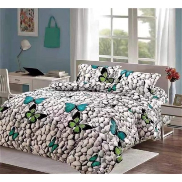 Lenjerie pat dublu, Super Pufoasa COCOLINO, 4 piese, Gri-Verde, pietre, fluturi, LDC-018