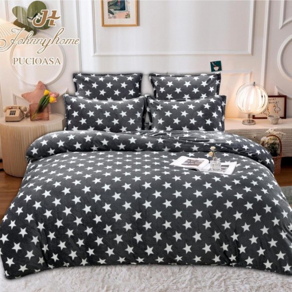 Set Lenjerie Cocolino 6 Piese Pat Dublu Gri – Model Stele, Moale și Călduroasă, LCD-031