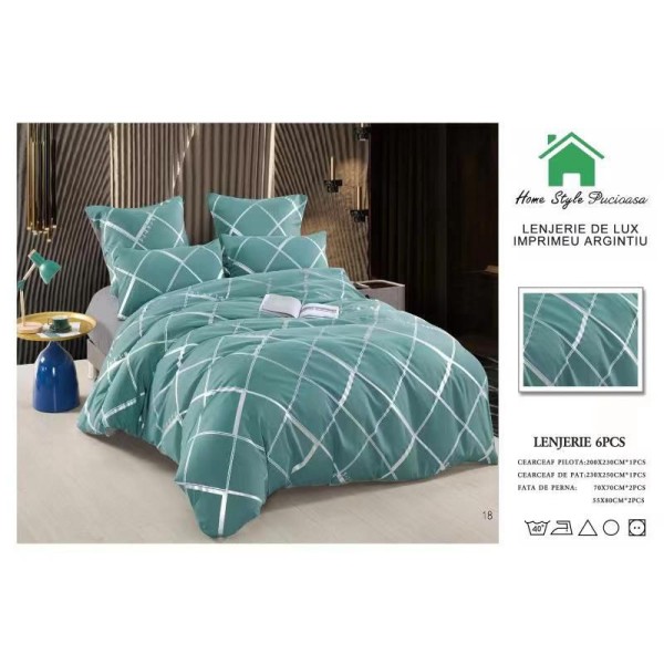 Lenjerie pat dublu, 6 piese, Bumbac Satinat Superior, Vernil-Argintiu, romburi, LFS-001