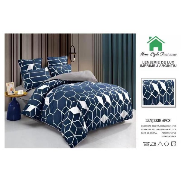 Lenjerie pat dublu, 6 piese, Bumbac Satinat Superior, Bleumarin-Argintiu, forme geometrice, LFS-003