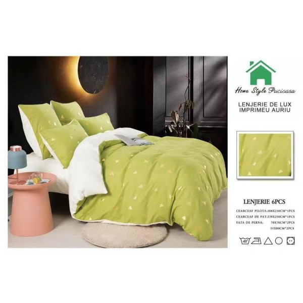 Lenjerie pat dublu, 6 piese, Bumbac Satinat Superior, Verde-Auriu, romburi, LFS-007