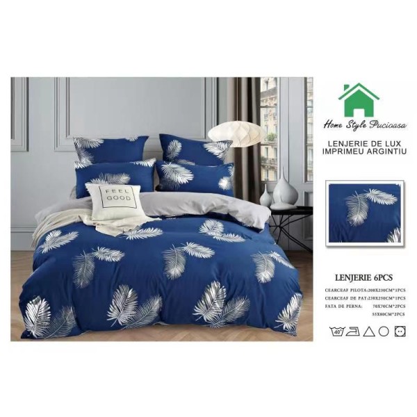 Lenjerie pat dublu, 6 piese, Bumbac Satinat Superior, Albastru-Argintiu, pene, LFS-009