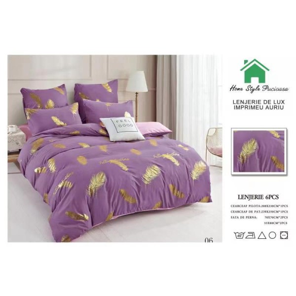 Lenjerie pat dublu, 6 piese, Bumbac Satinat Superior, Lila-Auriu, pene, LFS-010