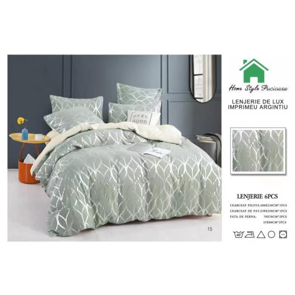 Lenjerie pat dublu, 6 piese, Bumbac Satinat Superior, Vernil-Auriu, frunze, LFS-014