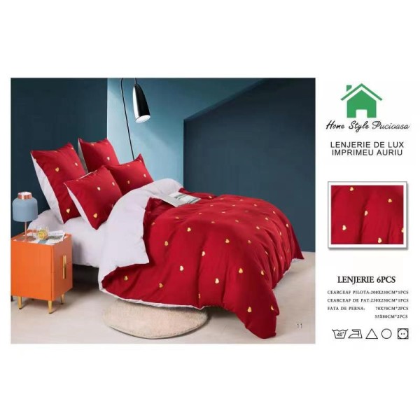 Lenjerie pat dublu, 6 piese, Bumbac Satinat Superior, Rosu-Auriu, inimi, LFS-015
