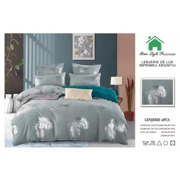 Lenjerie pat dublu, 6 piese, Bumbac Satinat Superior, Vernil-Argintiu, pene, LFS-016