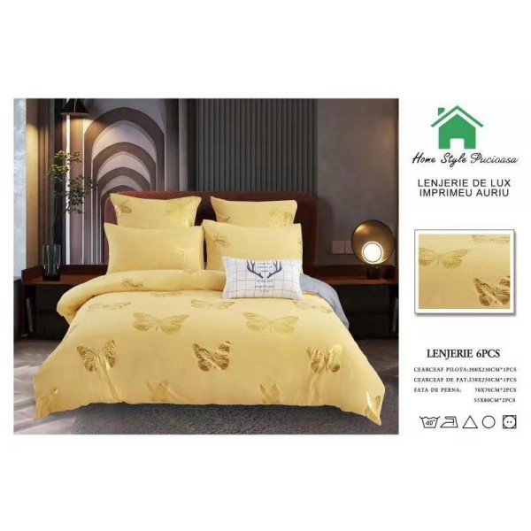 Lenjerie pat dublu, 6 piese, Bumbac Satinat Superior, Galben-Auriu, fluturi, LFS-017