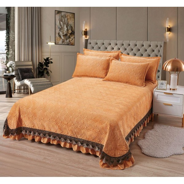 Cuvertura Din CATIFEA UNI Cu 2 Fete De Perna, cu volane, Bej inchis, CCV-028